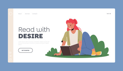Learning, Education Concept For Landing Page Template. Young Woman Student Reading Book Prepare To Exam Or Make Homework