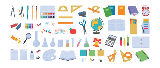 Big vector set of elements with stationery and school supplies. Office and education equipment - book, notebook, ruler, flasks, paints, pencils and etc. Back to school. School supplies flat design.