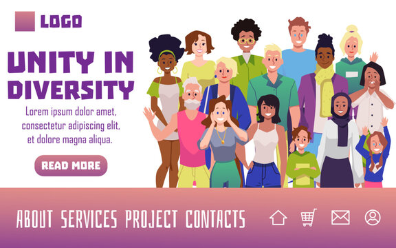 Unity and diversity website with multi ethnic people, flat vector illustration.