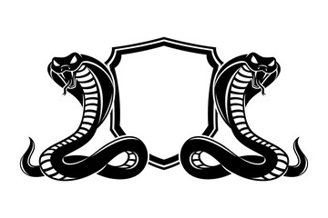Two cobra snakes and a shield on a white background.