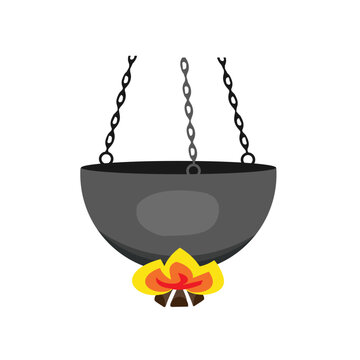 Suspended cast iron boiler on fire. The cooking process. Vector illustration, sketch.A symbol of the hearth.