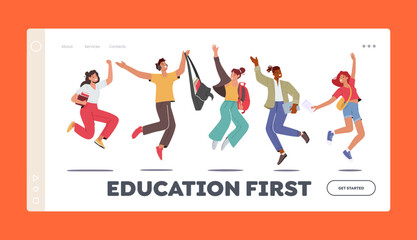 Back to School, Education Landing Page Template. Happy Students Characters Jumping with Backpacks and Textbooks