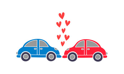 Two kissing cars with hearts illustration for Valentine's Day