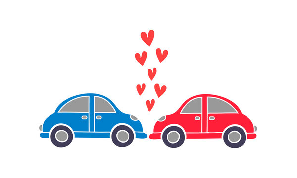 Two kissing cars with hearts illustration for Valentine's Day