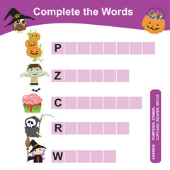 Fototapeta premium What letters are missing? Complete the words worksheet. Writing Halloween things worksheet for kindergarten students. Educational activity for preschool kids. Preschool Education. Vector illustration.