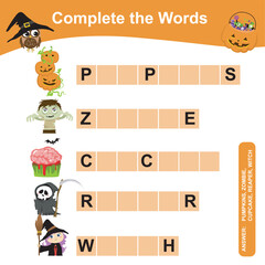 What letters are missing? Complete the words worksheet. Writing Halloween things worksheet for kindergarten students. Educational activity for preschool kids. Preschool Education. Vector illustration.