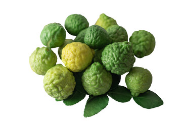 Green and yellow bergamot kaffir lime isolated on white background with clipping path