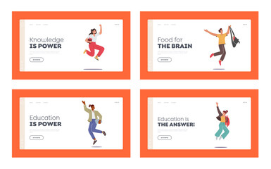 Happy Students Jumping Landing Page Template Set. Schoolboys or Schoolgirls Characters with Backpacks and Textbooks