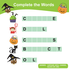 What letters are missing? Complete the words worksheet. Writing Halloween things worksheet for kindergarten students. Educational activity for preschool kids. Preschool Education. Vector illustration.