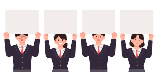 High school students in school uniform holding blank paper for text. SAT, high school concept person vector illustration.