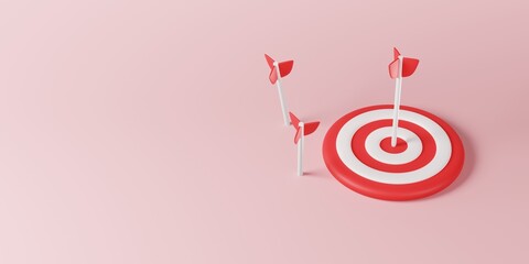 Red white arrows hit the target dart board on pink background. Business target strategy bullseye icon sign, Online marketing goal objective management, successful point challenge concept. 3d rendering