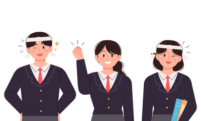 High school students in school uniforms posing cheering. SAT, high school concept person vector illustration.