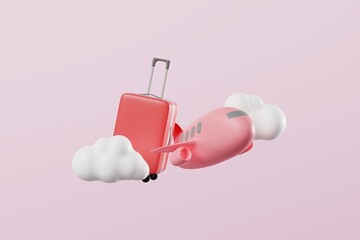 Pink plane flying wite suitcase in the air with cloud. International travelling, Business trip concept. 3d rendering