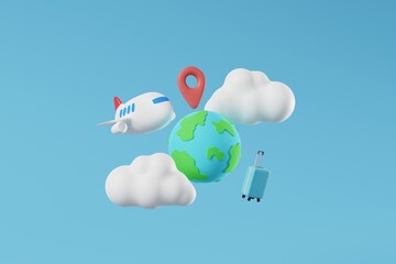 Plane flying in the air with cloud, suitcase, globe on blue background. Summer vacation, travel by airplane, Travel destination concept. 3d rendering