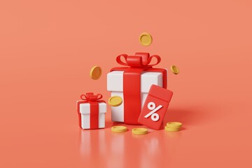 Gift box money coins with coupon promotion card orange background. Special sale discount celebration event. Percent price tag offer and white present in red ribbon for shopping marketing. 3d rendering - obrazy, fototapety, plakaty