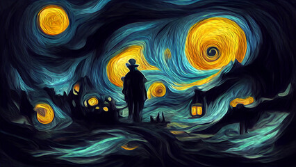 spooky halloween background  in style of van Gogh, digital art - obrazy, fototapety, plakaty