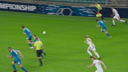 Professional Soccer Football Match Championship: White Team Attacks, Scores Perfect Goal. Action Game Tournament Broadcast. Live Sport Broadcast Channel Television Playback. TV Tracking