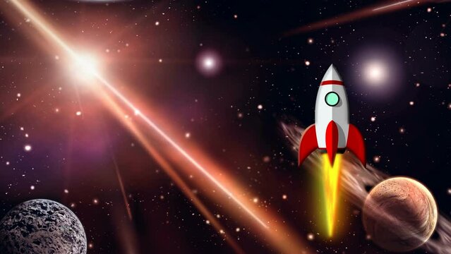 Animated space rocket in space. The spaceship takes off from the earth and flies among the planets.