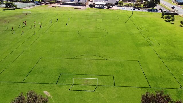 Aerial View Flying Forward Towards Football Pitch, Perth Australia