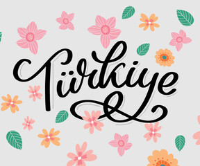 Text in the Turkish: Turkey Lettering. Handwritten name of the country. Vector design template.