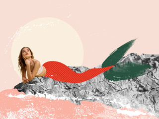 Dreams. Contemporary art collage, modern design. Beautiful sensual woman, fairy-tail mermaid over...
