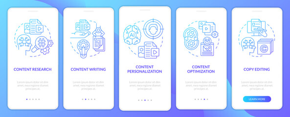 AI in content blue gradient onboarding mobile app screen. Business online walkthrough 5 steps graphic instructions with linear concepts. UI, UX, GUI template. Myriad Pro-Bold, Regular fonts used
