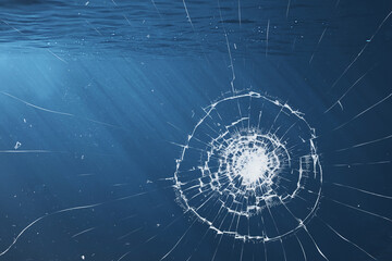 underwater accident broken porthole glass, cracks shipwreck