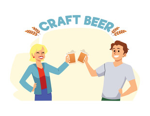 Happy couple clinking and drinking craft beer glasses, flat vector illustration isolated on white background.