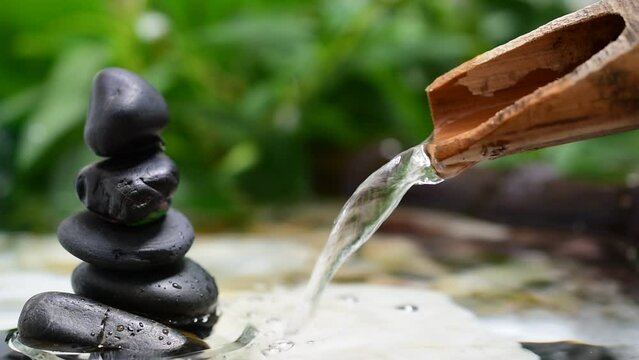 Stone staggered flowing natural bamboo leaves green spa concept