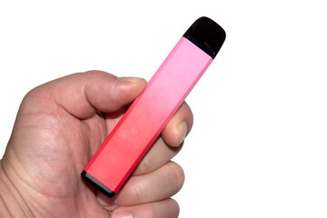 Electronic cigarette in hand on a white background.Disposable electronic cigarette.Vape with liquid for smoking.