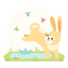 Obraz na płótnie Canvas A happy rabbit is playing with a paper boat in a cartoon flat style. The bunny character jumps through a puddle. Vector spring illustration.