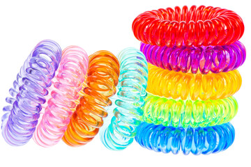 Closeup of various isolated spiral hair ties