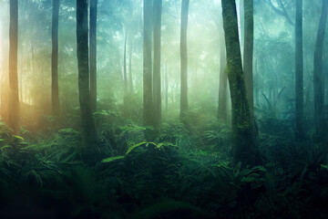 Spooky foggy rainforest jungle environment wallpaper