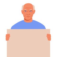 Senior man showing empty blank board. Portrait of neutral face grandpa holding banner with copy space. Protest or support concept with bullet leaf. Flat vector illustration.