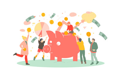 Obraz na płótnie Canvas Large piggy bank with people collecting golden coins. Flat cartoon illustration