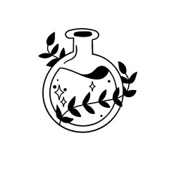 Magic potion in a round glass bottle. Black and white vector clipart.
