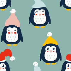 Winter penguins in hats seamless pattern. Perfect print for T-shirt, textile, fabric and paper. Hand drawn vector illustration for decor and design.