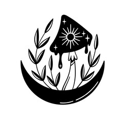 Mystical celestial mushroom on a crescent moon. Black and white vector clip art in boho style.b