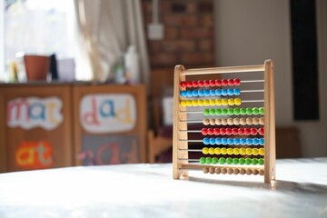 Closeup shot of a counting abacus toy in the preschool