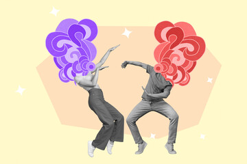 Creative photo collage illustration of carefree headless funny man girl dancing having fun enjoy...