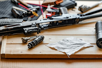 Black disassembled shotgun and cleaning tools on wooden table .