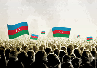 Crowd with the flags of Azerbaijan, people cheering national team of Azerbaijan. Ai generated illustration of crowd.