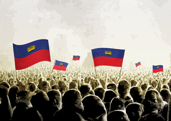 Crowd with the flags of Liechtenstein, people cheering national team of Liechtenstein. Ai generated illustration of crowd.