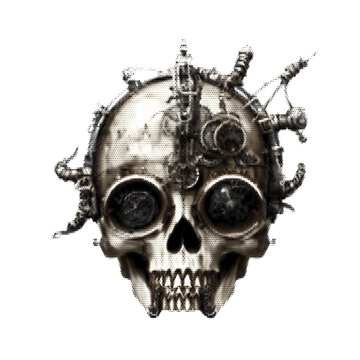 Steampunk skull. Halftone Vector illustration. Isolated on white background.
