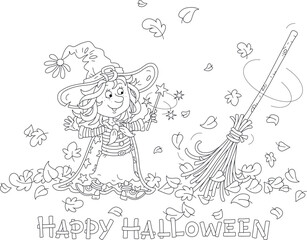 Happy little Halloween witch showing tricks with her magical broom sweeping fallen autumn leaves, black and white vector cartoon greeting card