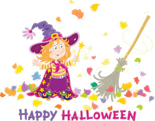 Obraz na płótnie Canvas Happy little Halloween witch showing tricks with her magical broom sweeping fallen colorful leaves, vector cartoon greeting card