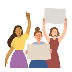 Women activists participate in the protest, meeting, march. Young females holding a banners, pointing up finger. Feminists defend the Women's Rights. Illustration isolated on white.
