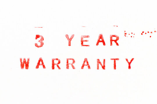 Red color ink rubber stamp in word 3 year warranty on white paper background