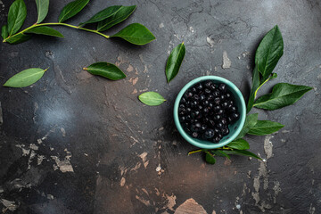 Superfoods antioxidant of indian mapuche. Bowl of fresh maqui berry on dark background, top view