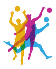 Volleyball sport graphic with players in action.